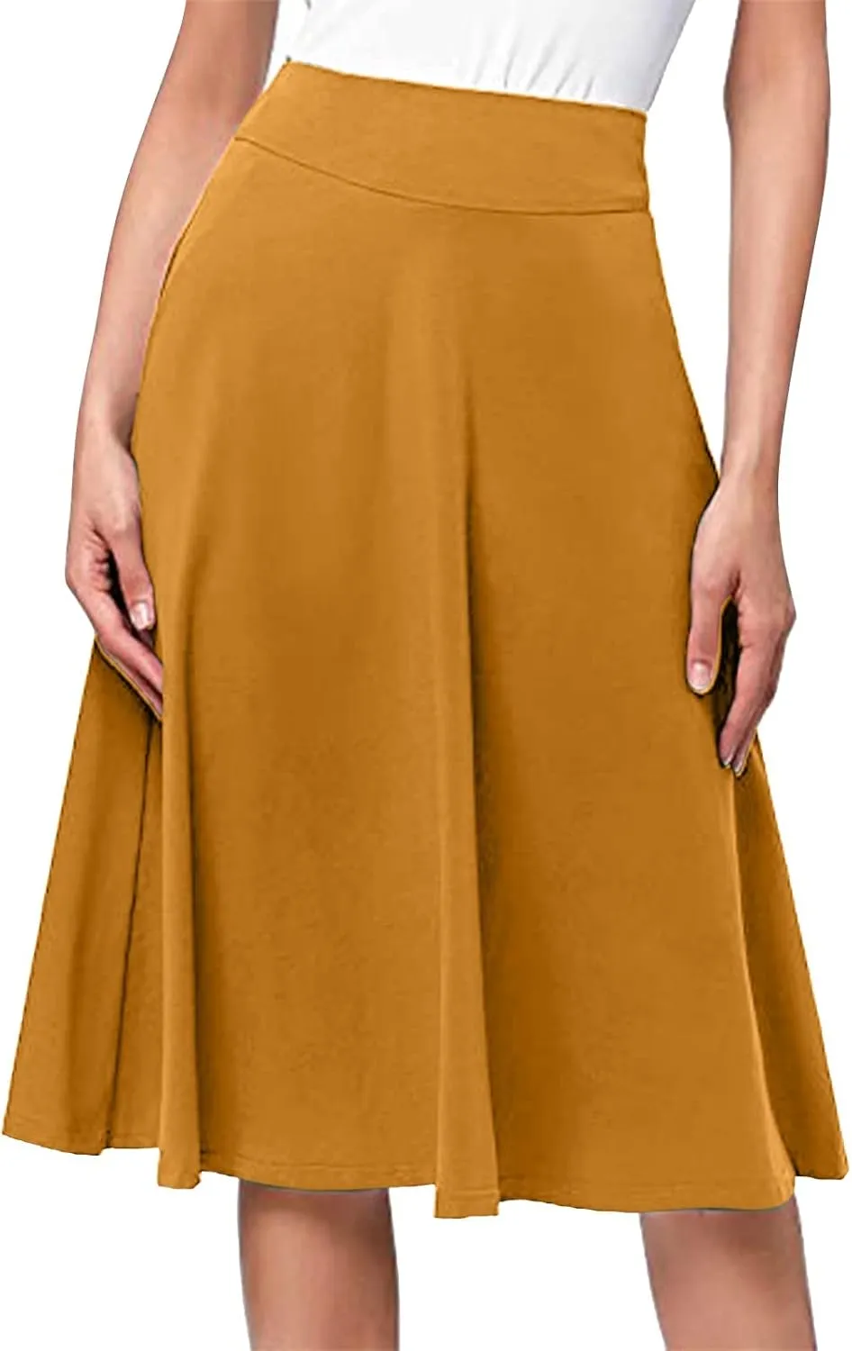 Women's Elastic High Waist Midi Skirt Solid Color Casual Skirt Plus Size Loose Beach Skirt with Pockets