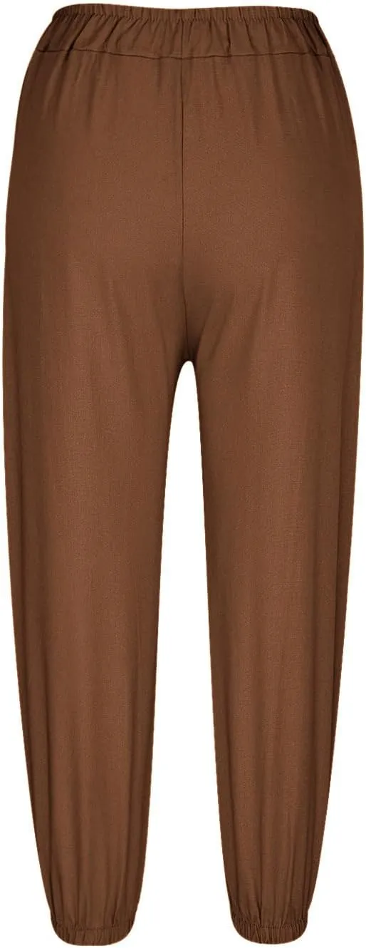 Womens Linen Pants Summer Casual Capri Pants with Pockets Cropped Comfort High Waisted Pockets Trousers Pants