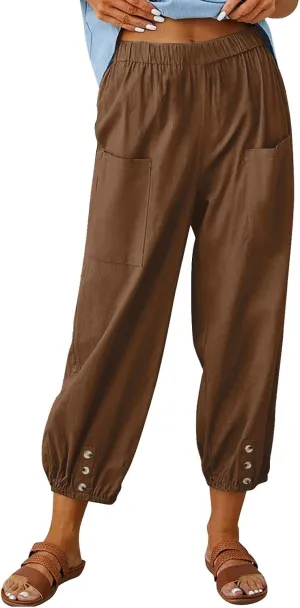 Womens Linen Pants Summer Casual Capri Pants with Pockets Cropped Comfort High Waisted Pockets Trousers Pants