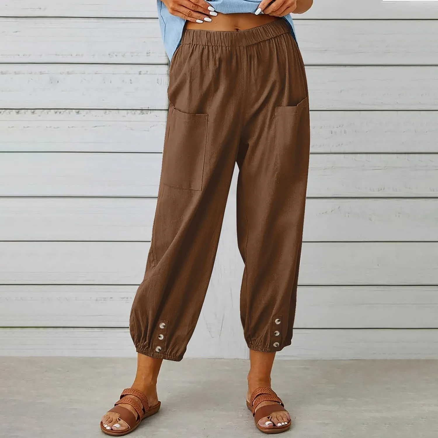 Womens Linen Pants Summer Casual Capri Pants with Pockets Cropped Comfort High Waisted Pockets Trousers Pants