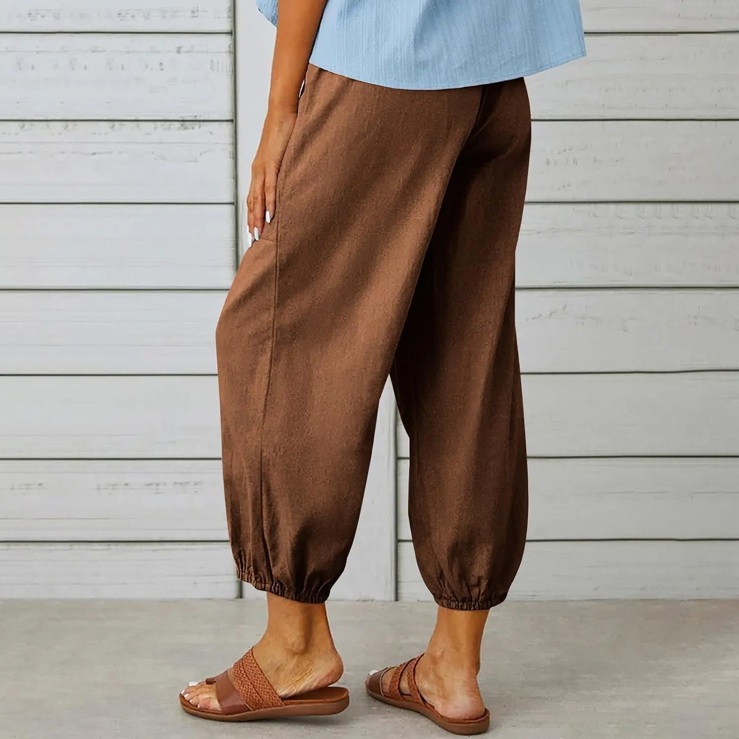 Womens Linen Pants Summer Casual Capri Pants with Pockets Cropped Comfort High Waisted Pockets Trousers Pants