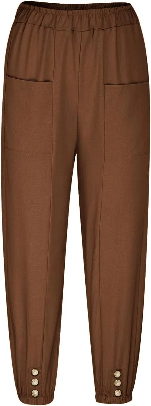 Womens Linen Pants Summer Casual Capri Pants with Pockets Cropped Comfort High Waisted Pockets Trousers Pants