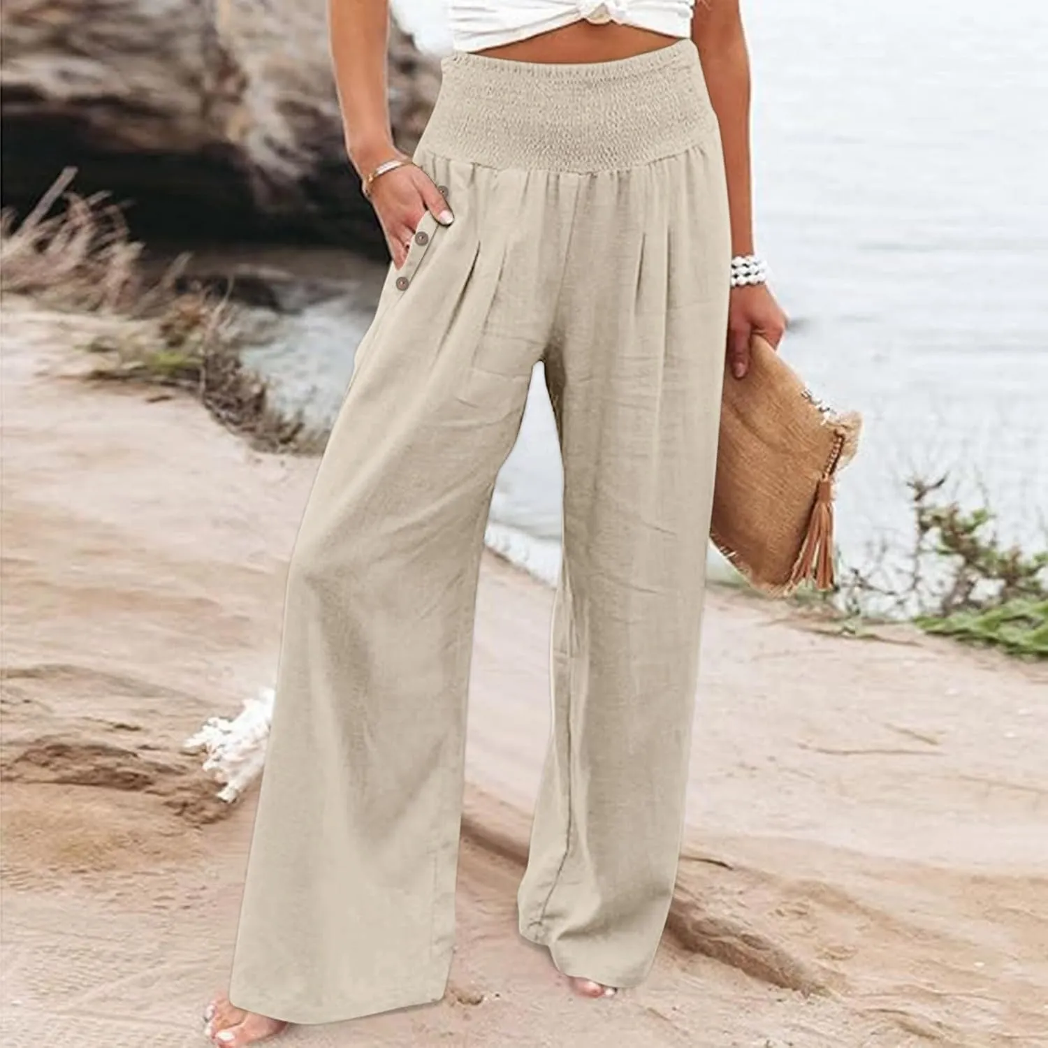 Women's Linen Summer Pants Loose Wide Leg Pants Elastic High Waist Pants Fashion Solid Color Trousers with Pockets