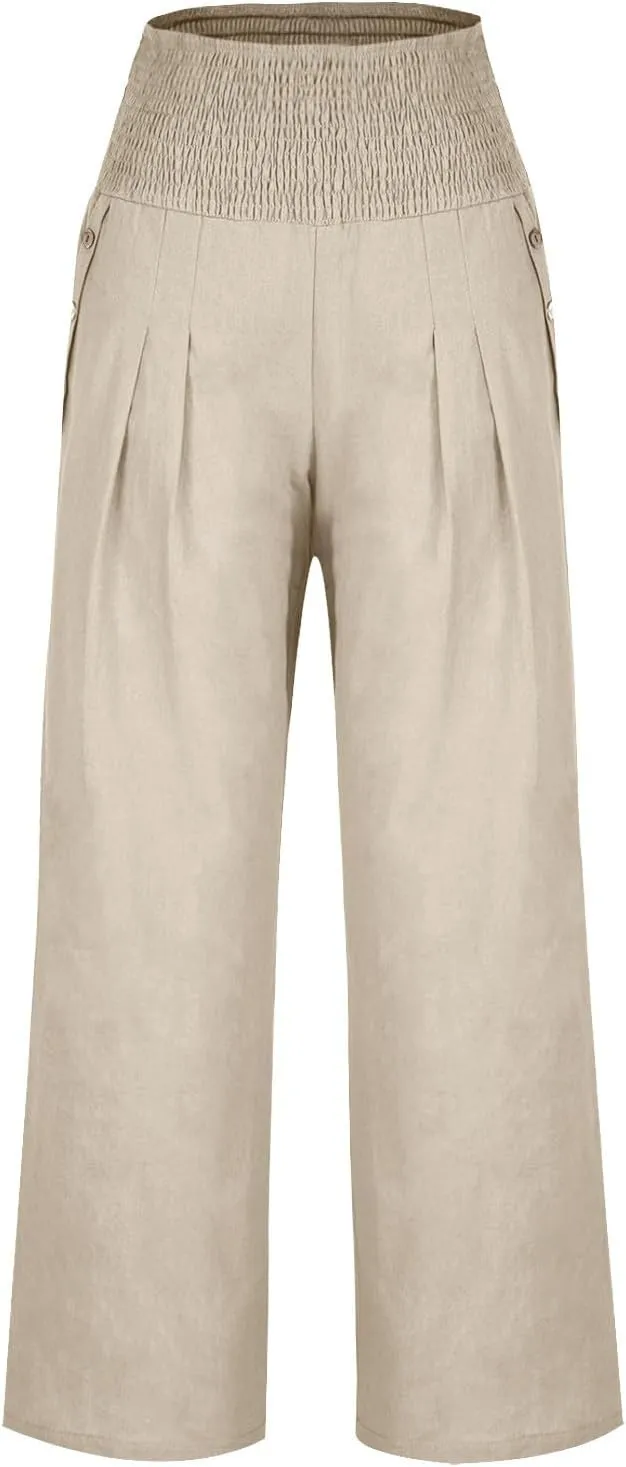 Women's Linen Summer Pants Loose Wide Leg Pants Elastic High Waist Pants Fashion Solid Color Trousers with Pockets