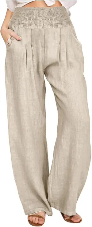 Women's Linen Summer Pants Loose Wide Leg Pants Elastic High Waist Pants Fashion Solid Color Trousers with Pockets