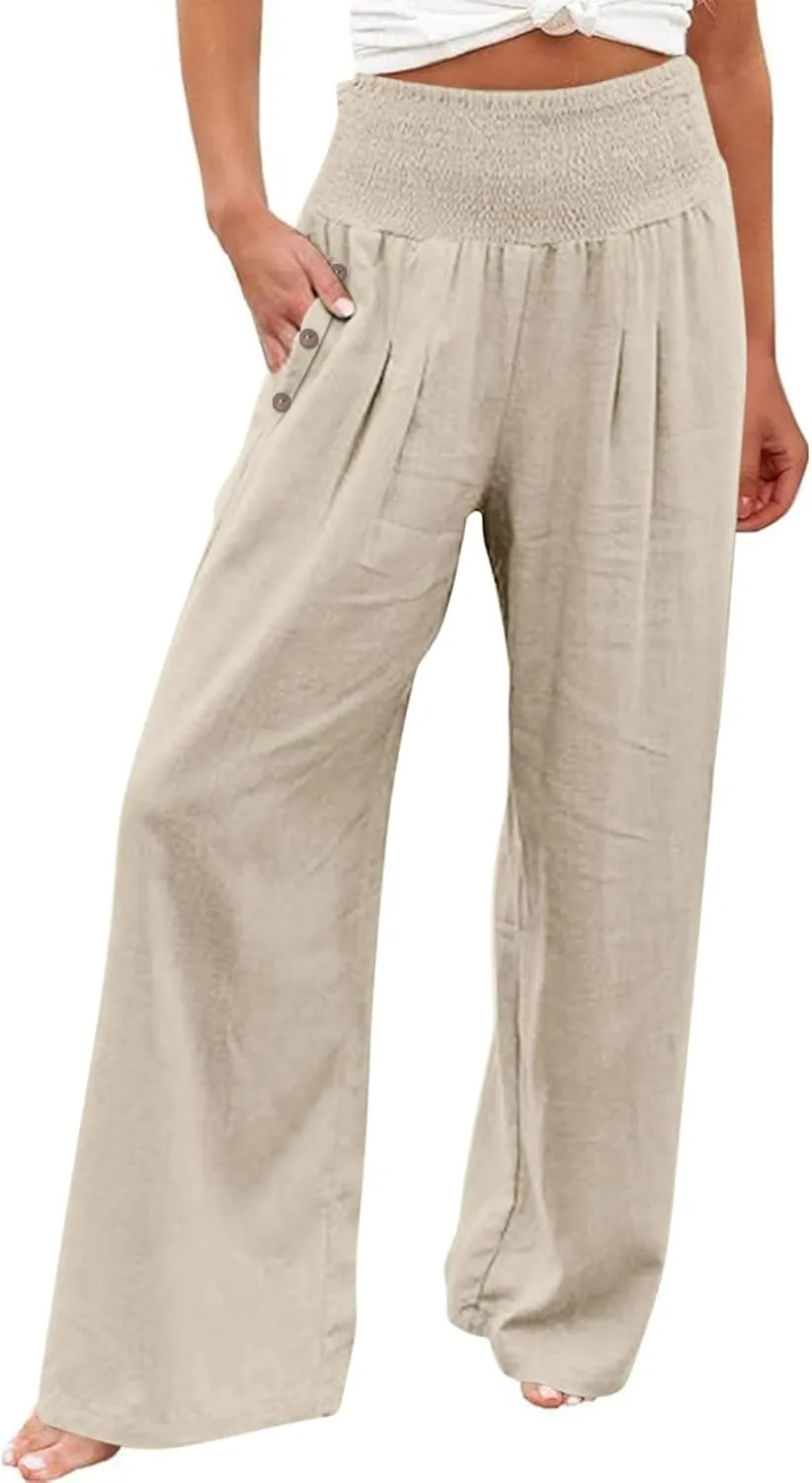 Women's Linen Summer Pants Loose Wide Leg Pants Elastic High Waist Pants Fashion Solid Color Trousers with Pockets