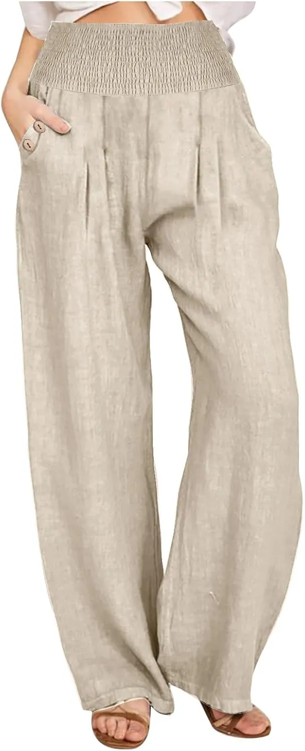 Women's Linen Summer Pants Loose Wide Leg Pants Elastic High Waist Pants Fashion Solid Color Trousers with Pockets