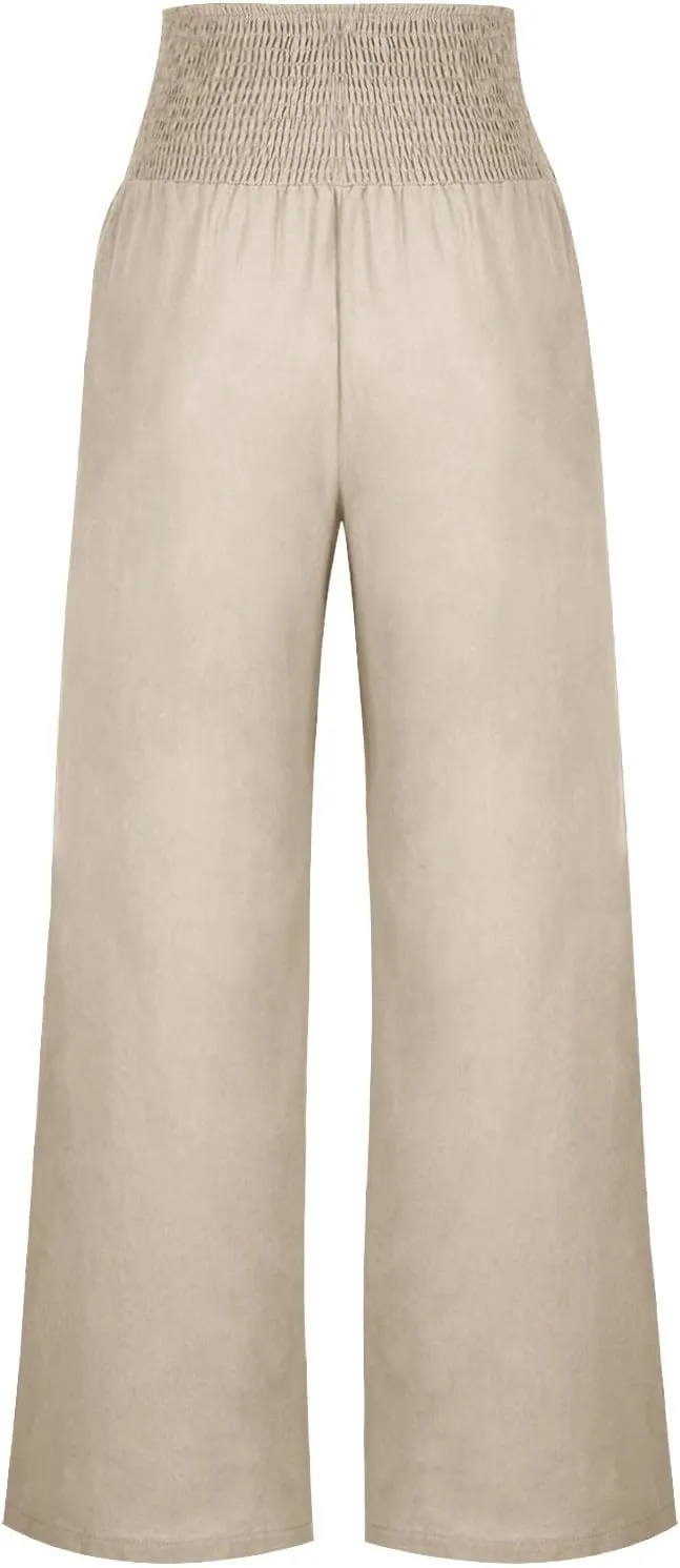 Women's Linen Summer Pants Loose Wide Leg Pants Elastic High Waist Pants Fashion Solid Color Trousers with Pockets