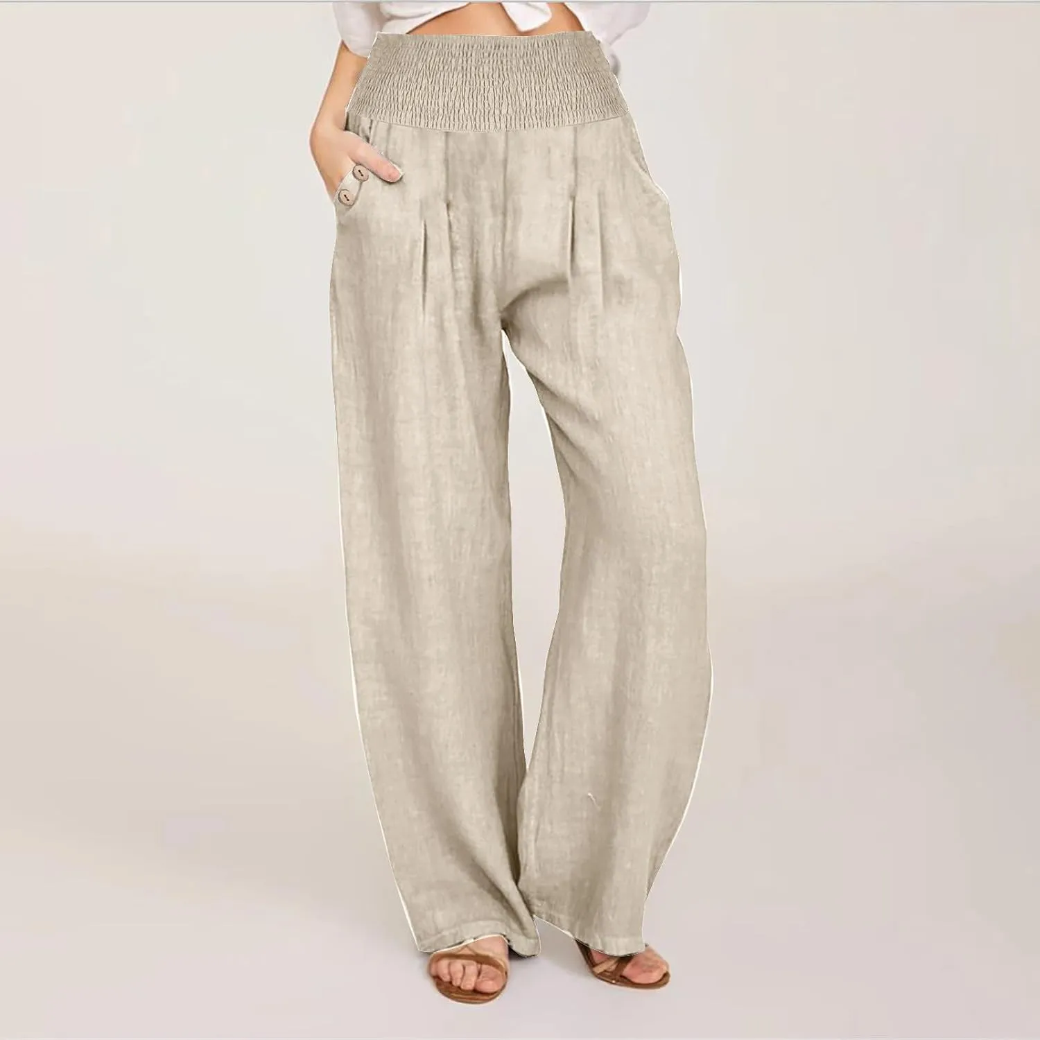 Women's Linen Summer Pants Loose Wide Leg Pants Elastic High Waist Pants Fashion Solid Color Trousers with Pockets
