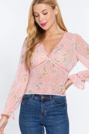 Women's  Ruffle Slv Floral Print Chiffon Top