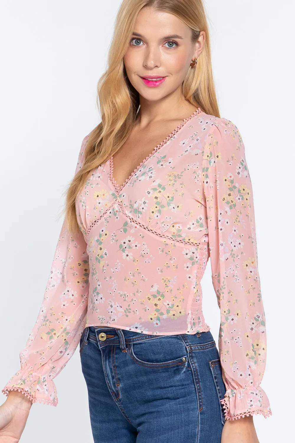 Women's  Ruffle Slv Floral Print Chiffon Top