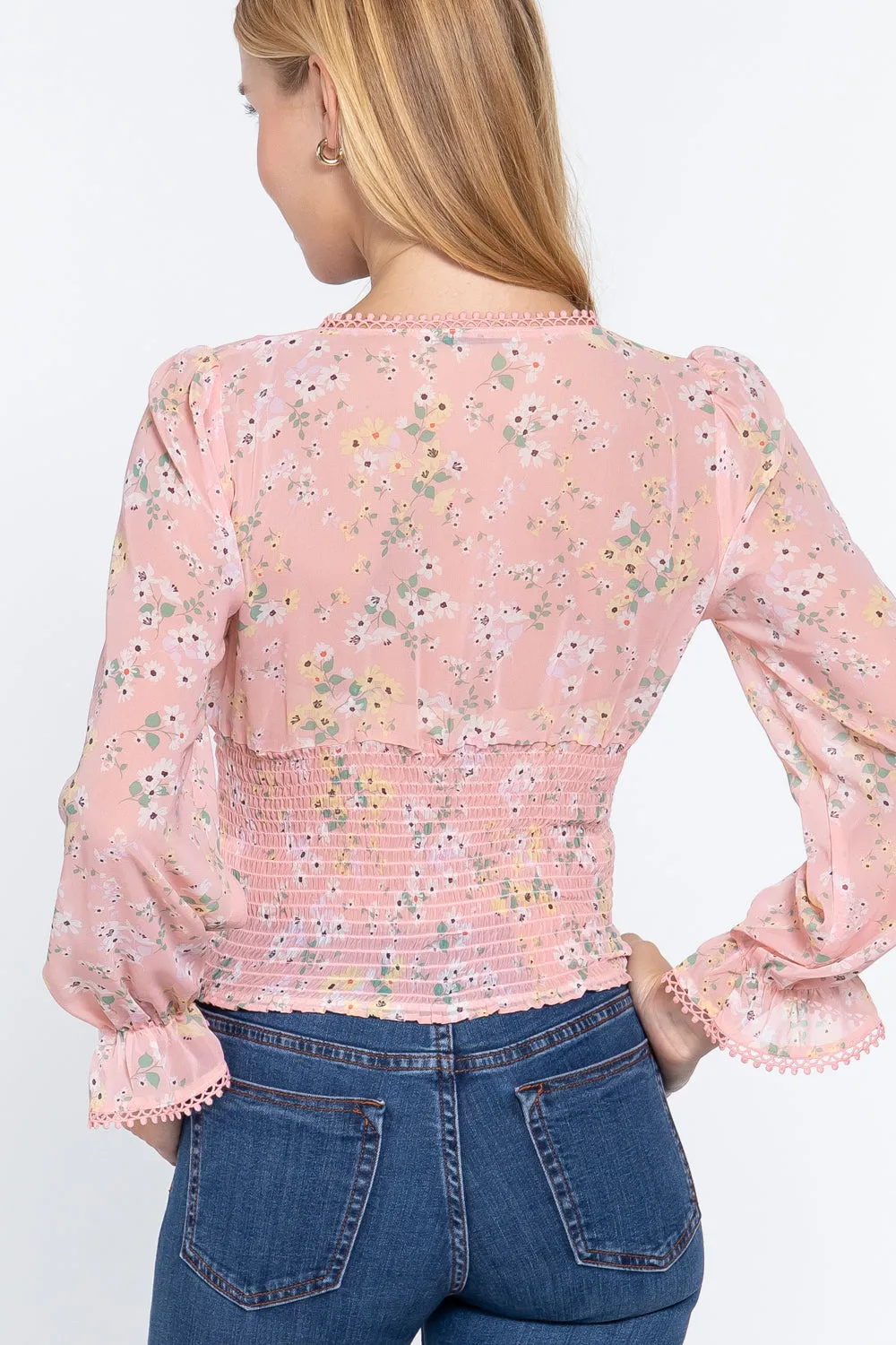 Women's  Ruffle Slv Floral Print Chiffon Top