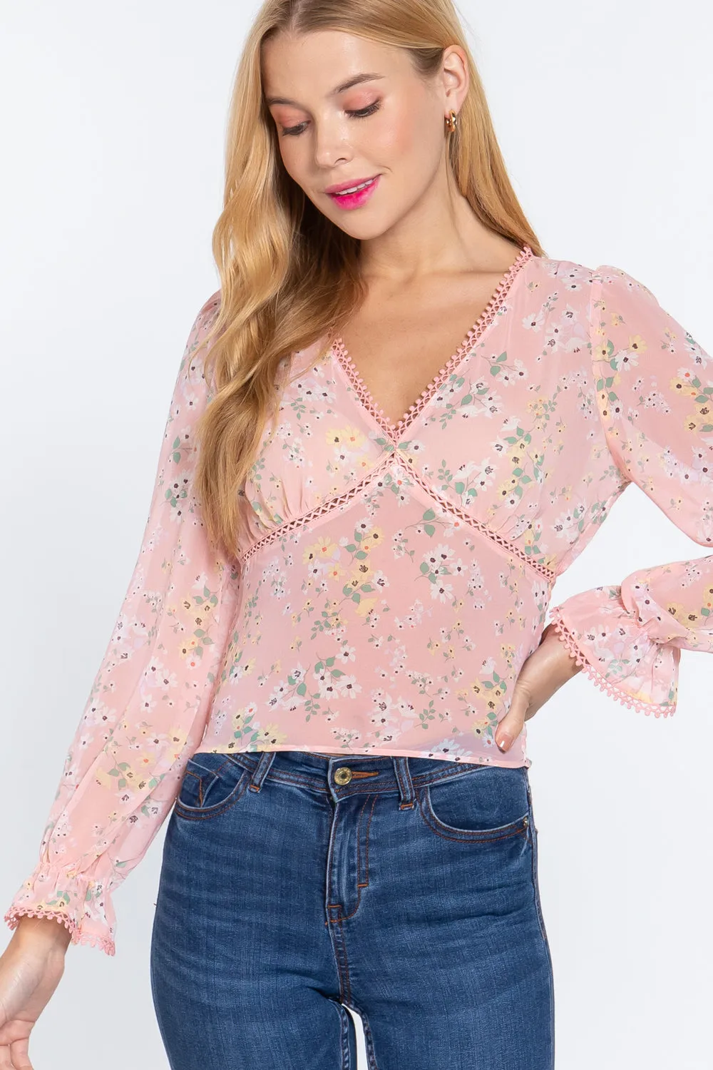 Women's  Ruffle Slv Floral Print Chiffon Top