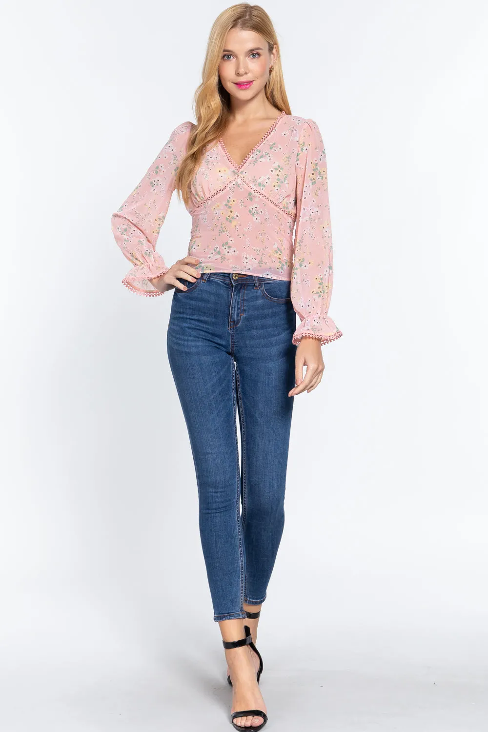 Women's  Ruffle Slv Floral Print Chiffon Top
