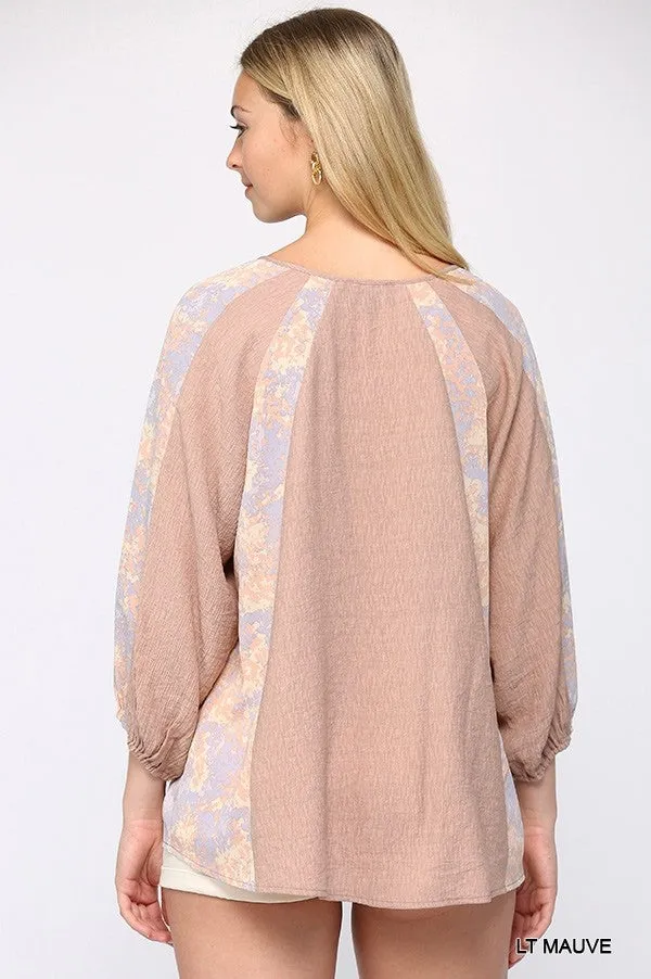 Women's Solid Crinkle And Print Mix Raglan Sleeve Top With Tassel Tie