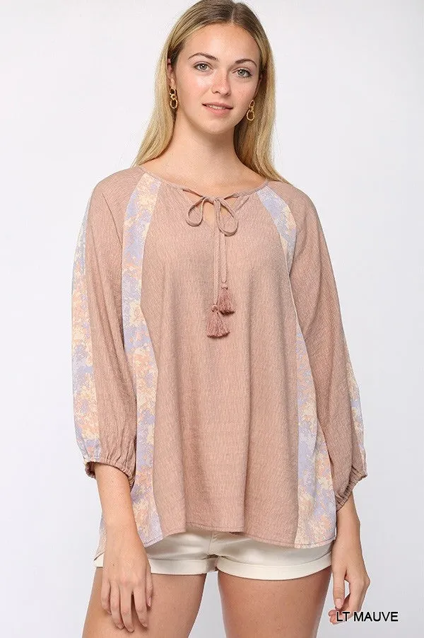 Women's Solid Crinkle And Print Mix Raglan Sleeve Top With Tassel Tie