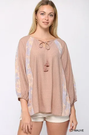 Women's Solid Crinkle And Print Mix Raglan Sleeve Top With Tassel Tie